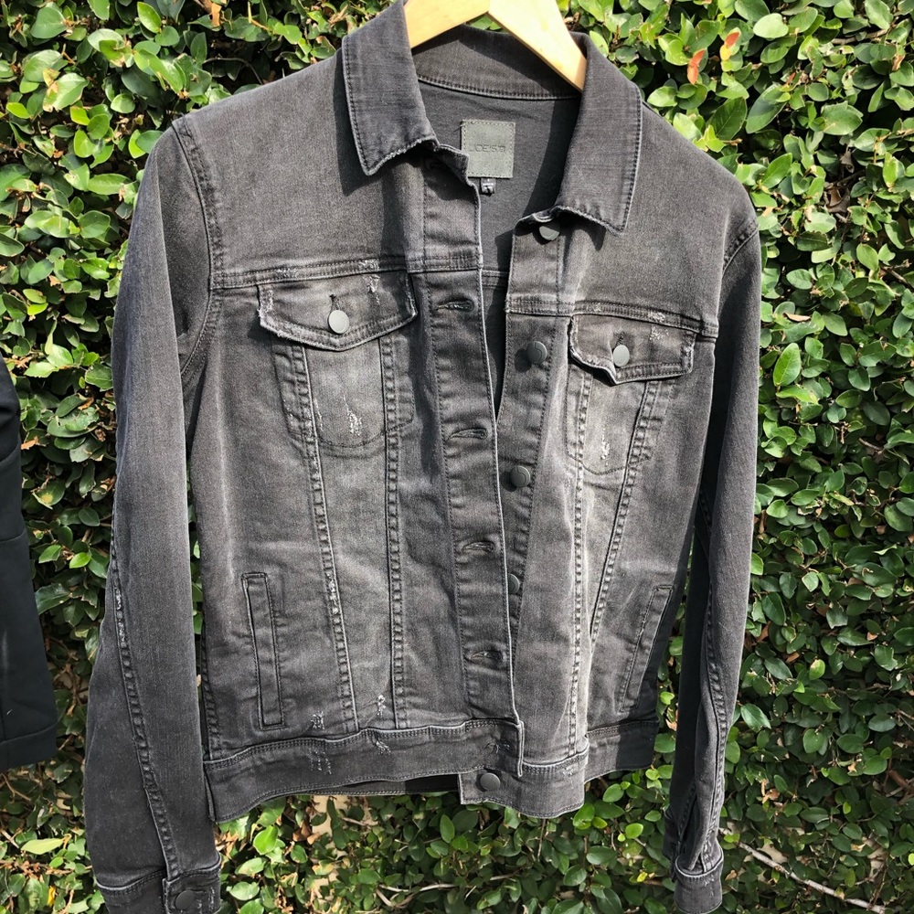 Joe’s Jeans: Distressed black denim jacket with slight stretch to the textile.
